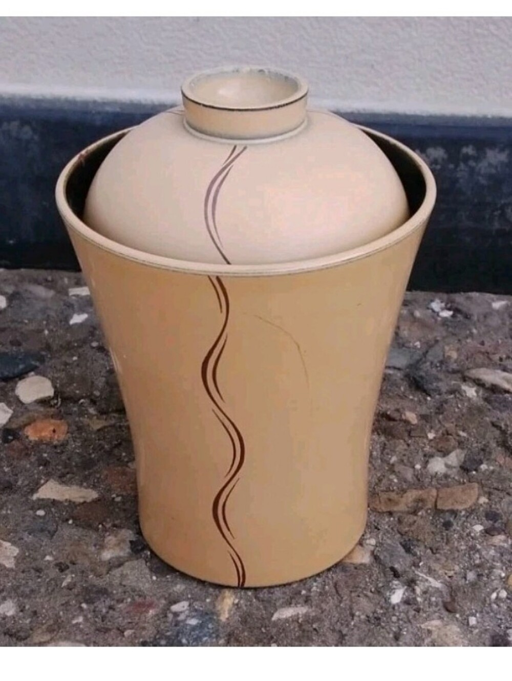 Vintage Lacquer Box Asian 80s Abstract Design Decor Lid Tan Neutral 5"